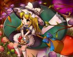  :o apron basket blonde_hair bow braid branch broom chibi grass hair_bow hat hat_ornament hat_ribbon highres kakiikada kirisame_marisa kneehighs leaf long_hair looking_away mushroom puffy_short_sleeves puffy_sleeves ribbon short_sleeves single_braid sitting sitting_on_object skirt skirt_set solo star touhou waist_apron witch_hat yellow_eyes 