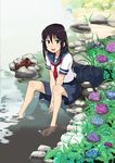  bad_id bad_pixiv_id bag barefoot black_hair blue_eyes flower futami_shinen hydrangea long_hair nature original river school_bag school_uniform serafuku shoes_removed sitting skirt soaking_feet solo water 