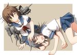  black_hair brown_hair closed_eyes drooling furutaka_(kantai_collection) hand_on_another's_head kako_(kantai_collection) kantai_collection lap_pillow looking_at_another lying multiple_girls neckerchief on_lap on_stomach pleated_skirt school_uniform serafuku shirt short_hair short_sleeves sitting skirt sleeping smile umekichi yellow_eyes 