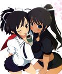  2girls asuka_(senran_kagura) between_breasts black_hair blue_eyes blush breasts brown_hair dark_skin homura_(senran_kagura) huge_breasts midriff multiple_girls school_uniform senran_kagura senran_kagura_(series) yaegashi_nan yellow_eyes 