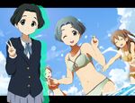  bikini black_eyes black_hair brown_hair closed_eyes extra k-on! kisuke_(akutamu) long_hair multiple_girls nakanishi_toshimi ocean one_eye_closed pink_hair saeki_mika sakuragaoka_high_school_uniform school_uniform short_hair smile swimsuit taki_eri water 