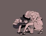  beer_mug cup grey_background holding holding_cup maribel_hearn multiple_girls onikobe_rin pee peeing peeing_in_cup shoes simple_background skirt skirt_lift steam touhou usami_renko 