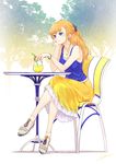  arm_support blue_eyes bracelet breasts chair chemise chin_rest crossed_legs drink drinking_straw earrings fuyuno_yuuki glass hair_ornament hairclip highres jewelry long_hair medium_breasts nail_polish necklace orange_hair orangina ponytail sandals scrunchie sitting skirt smile solo table toenail_polish toes 