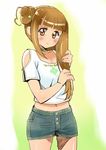  alternate_costume alternate_hairstyle bare_shoulders blush breasts brown_eyes brown_hair cleavage dokidoki!_precure eyelashes gan_balance hair_bun hair_down navel precure short_sleeves shorts small_breasts yotsuba_alice 