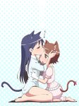  amami_haruka animal_ears bad_id bad_pixiv_id barefoot blue_hair brown_eyes brown_hair cat_ears cat_tail closed_eyes feet forehead_kiss gloves hair_ribbon head_hold hug idolmaster idolmaster_(classic) kawamura_kazuma kemonomimi_mode kisaragi_chihaya kiss multiple_girls pajamas ribbon sleeves_rolled_up soles tail yuri 