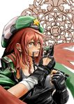  adapted_costume bandages braid breasts brown_eyes ear_piercing fingerless_gloves gloves hat high_collar hong_meiling large_breasts long_hair piercing red_hair single_braid solo sowel_(sk3) star star-shaped_pupils symbol-shaped_pupils taut_clothes touhou 