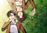  1girl ascot black_hair brown_hair field flower glasses hange_zoe jacket levi_(shingeki_no_kyojin) lying paradis_military_uniform shingeki_no_kyojin shirai 