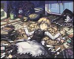  blonde_hair book broom dress gagharv992 hat hat_removed headwear_removed kirisame_marisa long_hair lying messy_room solo touhou witch_hat yellow_eyes 