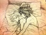  annie_leonhardt bad_id bad_pixiv_id bed closed_eyes couple dddbcat graphite_(medium) kiss lying mikasa_ackerman multiple_girls neck_kiss on_side shingeki_no_kyojin traditional_media yuri 