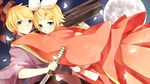  japanese_clothes kagamine_len kagamine_rin katana moocho moon sword vocaloid weapon 