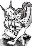  absurdres animal_ears apron big-d bob_cut cat_ears cat_tail crossed_ankles fang fins fish_girl hair_ornament highres hug hug_from_behind minette_(skullgirls) monochrome monster_girl ms._fortune_(skullgirls) multiple_girls one_eye_closed scales scar shell short_hair sitting skullgirls tail thighhighs 