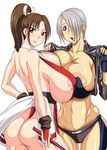  2girls angel_(kof) areola_slip areolae ass blue_eyes breast_press breasts brown_eyes brown_hair cleavage female grey_hair hanging_breasts huge_breasts king_of_fighters large_areolae long_hair multiple_girls natsuru_(anglachel) navel open_mouth ponytail shiny shiny_skin shiranui_mai short_hair sideboob simple_background smile snk white_background 