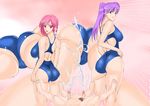  2boy 2boys 2girl 2girls artist_request ass character_request cum cum_explosion highres huge_ass multiple_boys multiple_girls overflow penis purple_hair red_hair smile source_request swimsuit take_your_pick 