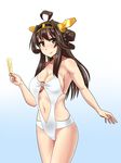  ahoge alternate_costume bangs black_eyes black_hair blue_background blush breasts casual_one-piece_swimsuit cleavage cowboy_shot double_bun food from_side gradient gradient_background groin hair_rings hairband headgear holding kantai_collection kongou_(kantai_collection) kunashiri_(etorofu) large_breasts light_smile long_hair looking_at_viewer navel o-ring o-ring_swimsuit one-piece_swimsuit popsicle sideboob sidelocks smile solo swimsuit white_swimsuit 