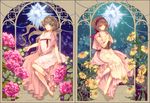  barefoot braid brown_hair cape dress flower green_eyes hairband long_hair multiple_girls original rudbeckia short_hair sitting tears urita 