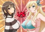  angry bikini_top black_hair blonde_hair blush boku_wa_tomodachi_ga_sukunai breasts butterfly_hair_ornament covered_nipples eyelashes firewarstorm hair_ornament huge_breasts kashiwazaki_sena large_breasts long_hair mikazuki_yozora multiple_girls short_hair smile sweatdrop underboob vs 