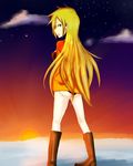  1girl bare_legs blonde_hair blue_eyes boots genderswap kenny_mccormick long_hair mame_no_pika pixiv_thumbnail resized sky solo south_park star stars sun 