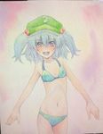  :d bikini blue_bikini blue_eyes blue_hair blush collarbone eyelashes hair_bobbles hair_ornament highres kawashiro_nitori open_mouth simple_background smile solo swimsuit teeth touhou traditional_media two_side_up watercolor_(medium) yuyu_(00365676) 