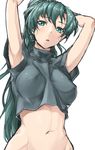  armpits arms_up crying fire_emblem fire_emblem:_rekka_no_ken green_eyes green_hair high_ponytail long_hair looking_at_viewer lyndis_(fire_emblem) navel open_mouth ponytail shinon_(tokage_shuryou) shirt simple_background solo stomach t-shirt tears turtleneck very_long_hair white_background 