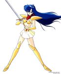  1girl 90s armor asou_yuuko bangs belt bikini_armor blue_eyes blue_hair boots female_warrior game knee_boots long_hair looking_at_viewer microskirt midriff miniskirt mugen_senshi_valis navel nec neckerchief official_art official_artwork oldschool pc_engine short_skirt shoulder_pads simple_background skirt solo sword telenet_japan valis valis_sword very_long_hair weapon white_background 