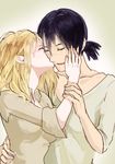  black_hair blonde_hair cheek_kiss christa_renz closed_eyes freckles kirsos kiss multiple_girls ponytail shingeki_no_kyojin short_hair sleeves_rolled_up wrist_grab ymir_(shingeki_no_kyojin) yuri 