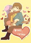  berret brown_eyes brown_hair couple duofan eric_cartman hat heart liquorice pixiv_thumbnail purple_eyes purple_hair resized scarf sharing skirt south_park wendy_testaburger 