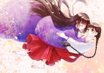  barefoot braid brown_hair dual_persona feet hakama highres japanese_clothes kimono long_hair miko rdg_red_data_girl red_hakama robe soujirou suzuhara_izumiko 