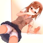  blush breasts brown_eyes brown_hair cameltoe covering_mouth crotch_rub faubynet from_below highres masturbation misaka_mikoto panties pussy_juice pussy_juice_stain school_uniform shirt short_sleeves shorts shorts_under_skirt skirt small_breasts solo sweat sweater_vest table table_sex tears to_aru_kagaku_no_railgun to_aru_majutsu_no_index underwear upskirt vest wet wet_clothes wet_panties wet_shorts wet_spot x-ray 