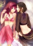  amakata_miho arm_support armlet bad_id bad_pixiv_id bangle bed_sheet bra bracelet brown_eyes brown_hair coin_(ornament) curtains ear_ornament free! harem_outfit harem_pants jewelry leaf long_hair looking_at_viewer matsuoka_gou multiple_girls open_mouth pants ponytail red_bra red_eyes red_hair see-through shirosaki_(233144) short_hair sitting splash_free underwear veil 