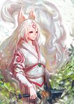  amaterasu animal_ears highres japanese_clothes japanese_mythology karasu-san_(syh3iua83) long_hair ookami_(game) smile sword very_long_hair weapon white_hair wolf_ears 