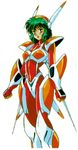  1girl 90s armor body_suit bodysuit clenched_hand green_eyes green_hair hirano_toshihiro iczelion iczer_(series) kai_nagisa official_art oldschool short_hair smile solo standing white_background 