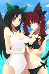  animal_ears bad_id bad_pixiv_id beach bikini black_hair black_wings bow braid breasts cat_ears cat_tail cleavage cloud day hair_bow jont kaenbyou_rin long_hair medium_breasts multiple_girls one-piece_swimsuit open_mouth outdoors red_eyes red_hair reiuji_utsuho ribbon short_hair sky smile swimsuit tail touhou twin_braids water white_swimsuit wings 