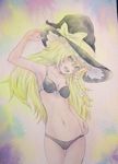  :d absurdres armpits bikini black_bikini blonde_hair bow braid breasts collarbone eyelashes hand_on_headwear hat highres kirisame_marisa open_mouth simple_background single_braid small_breasts smile solo swimsuit teeth touhou traditional_media watercolor_(medium) witch_hat yellow_eyes yuyu_(00365676) 