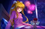  air blonde_hair closed_eyes fireworks hair_ribbon kamio_misuzu long_hair mutsuki_(moonknives) night night_sky open_mouth pajamas ponytail ribbon sky smile solo window 