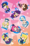  6+boys black_hair blonde_hair blue_eyes braid chibi double_bun family fingerless_gloves gakuran giorno_giovanna gloves green_eyes hat headband higashikata_jousuke higashikata_jousuke_(jojolion) jacket johnny_joestar jojo_no_kimyou_na_bouken jojolion jonathan_joestar joseph_joestar_(young) kuujou_jolyne kuujou_joutarou midriff mietsuba multicolored_hair multiple_boys pink_hair pompadour scarf school_uniform steel_ball_run teeth two-tone_hair 