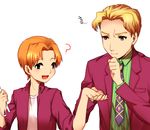  ? bad_id bad_pixiv_id blonde_hair blue_eyes crossover fang fate/zero fate_(series) formal jacket jakfldk2 jojo_no_kimyou_na_bouken kira_yoshikage multiple_boys necktie orange_hair purple_jacket scalpel suit uryuu_ryuunosuke 