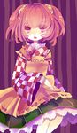  apron bell book checkered checkered_shirt clothes_writing hair_bell hair_ornament hiyuu_(hiyualice) japanese_clothes jingle_bell long_sleeves motoori_kosuzu open_mouth red_eyes red_hair shirt short_hair skirt solo touhou two_side_up wide_sleeves 