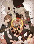  2boys bad_id bad_pixiv_id blue_eyes bow bullet crown danganronpa danganronpa_1 enoshima_junko grin hair_ornament highres komaeda_nagito long_hair monokuma monomi_(danganronpa) multiple_boys naegi_makoto nail_polish necktie pink_hair skirt sleeves_rolled_up smile spoilers super_danganronpa_2 target twintails uviski 