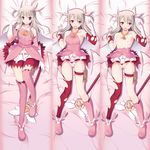  boots breasts dakimakura dress elbow_gloves fate/kaleid_liner_prisma_illya fate_(series) feathers gloves hair_feathers hair_ornament highres illyasviel_von_einzbern kaleidostick long_hair magical_girl md5_mismatch multiple_views nipples pink_footwear prisma_illya pussy red_eyes sakura_kaoru silver_hair small_breasts thigh_boots thigh_strap thighhighs torn_clothes torn_legwear two_side_up wand 