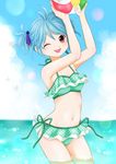  alternate_hairstyle ball beachball bikini blue_hair green_bikini hair_ornament highres navel ocean one_eye_closed red_eyes short_hair smile solo swimsuit tatara_kogasa touhou water yuzuna99 