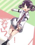  blue_eyes blush catchphrase grey_skirt hanada_kirame hiyo_kotori legs long_sleeves necktie open_mouth pointing purple_hair saki saki_achiga-hen school_uniform shindouji_school_uniform skirt solo twintails 