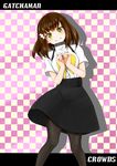  3: breasts brown_hair checkered checkered_background gatchaman_crowds green_eyes head_tilt high-waist_skirt highres ichinose_hajime kirikirimai_(kkm) medium_breasts pantyhose skirt smile solo 