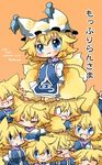  animal_ears bad_id bad_twitter_id blonde_hair blue_eyes blush clone closed_eyes fox_ears fox_tail hat hat_removed headwear_removed highres multiple_girls open_mouth rebecca_(keinelove) short_hair smile tail touhou translated yakumo_ran 