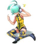  antenna_hair aqua_hair argyle argyle_legwear bare_shoulders casual digital_media_player flat_chest flats full-length_zipper hair_over_eyes headphones leotard listening_to_music musical_note nagi_(naso4) naso4 original short_hair short_shorts shorts sitting smile solo thighhighs wireless yokozuwari zipper 