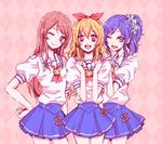  :d ;) ;d aikatsu! aikatsu!_(series) argyle argyle_background bad_id bad_pixiv_id blonde_hair blue_eyes blue_hair bow brown_hair closed_eyes girl_sandwich group_picture hair_bow hair_ribbon hoshimiya_ichigo kiriya_aoi long_hair multiple_girls one_eye_closed open_mouth ponytail purple_eyes red_eyes ribbon sakuo sandwiched shibuki_ran short_sleeves skirt smile 