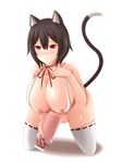  1girl animal_ears artificial_vagina azuki_(azki0214dai_z) bar_censor black_hair breasts cat_ears cat_tail censor_bar censored cum cum_on_body full-package_futanari futanari highres huge_breasts kneeling masturbation neck_ribbon nipples original penis pixiv_manga_sample red_eyes ribbon short_hair solo tail testicles thighhighs white_legwear 