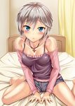  anastasia_(idolmaster) barefoot bed blue_eyes blush breasts camisole camisole_over_clothes curtains earrings idolmaster idolmaster_cinderella_girls jewelry kisugi_akira looking_at_viewer medium_breasts necklace on_bed parted_lips short_hair silver_hair sitting solo sweat tsurime wariza 