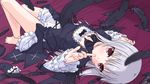  barefoot black_feathers blurry bow depth_of_field feathers finger_to_mouth frills gothic_lolita hairband_removed highres k10k lolita_fashion long_hair looking_at_viewer lying on_back rozen_maiden silver_hair smile solo suigintou thighhighs_removed 