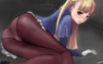  ass blonde_hair blush brown_legwear cameltoe capcom_fighting_jam commentary_request elsen gloves hairpods ingrid long_hair panties panties_under_pantyhose pantyhose red_eyes signature soft_focus solo thighband_pantyhose underwear 