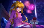  air blonde_hair blue_eyes fireworks hair_ribbon kamio_misuzu long_hair mutsuki_(moonknives) night night_sky pajamas ponytail ribbon sky smile solo window 